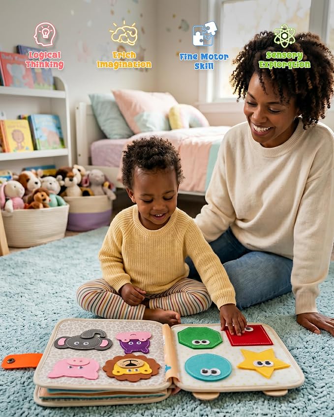 Montessori Busy Book for Toddlers, 8-Page Sensory Activity Book for Fine Motor Skills & Basic Dress Learning, Portable Travel Toy for Preschool Kids, Birthday Gift for Boys and Girls (Giraffe)