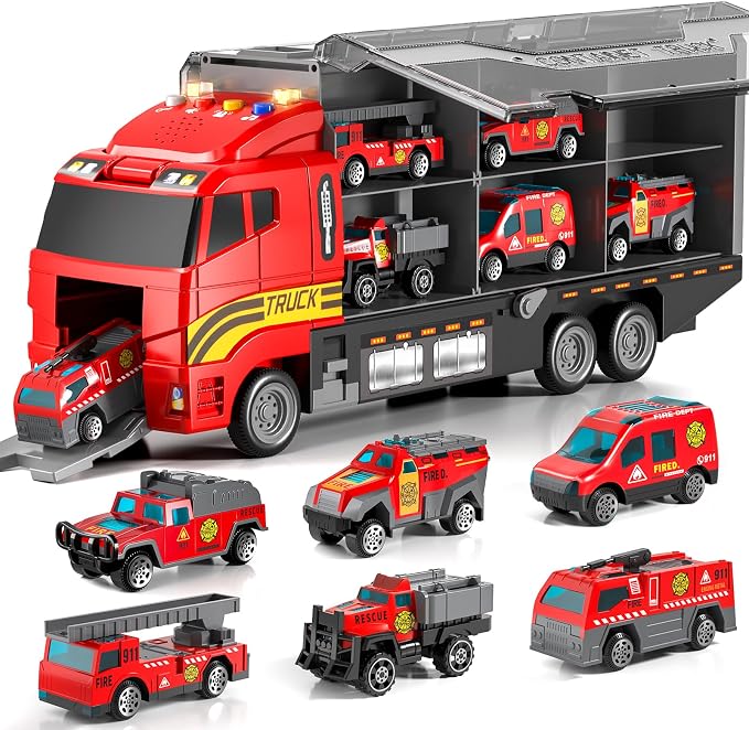Toddler Toys for 3 4 5 6 Years Old Boys with Die-Cast Toy Cars & Play Mat | Fire Trucks for Toddlers 3-5 with Light and Sound,Friction Powered Truck fire Toy, Birthday & Christmas Gift for Boys & Girls