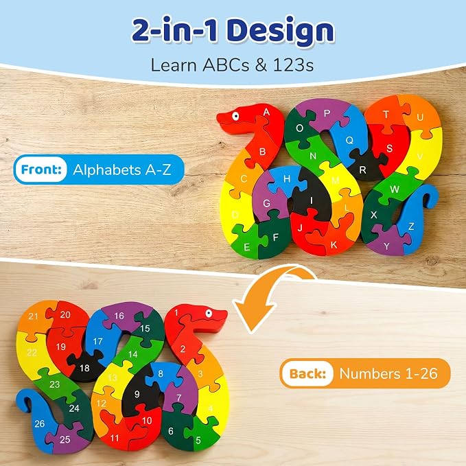 LovesTown Wooden Double Sided Snake Puzzle | Alphabet & Numbers, Educational Toys, Chunky Animal Design, For Toddlers, Great Learning Gift