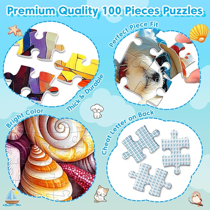 4 Packs 100 Piece Puzzle - Shells Sailboat Cats Dogs Jigsaw Puzzles, 100 Piece Puzzles for Adults Seniors Kids Puzzles for Kids Ages 4-6 6-8 8-10 Educational Puzzle Toys 15"x11"