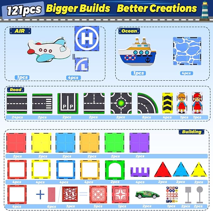 Magnetic Tiles,121PCS Magnet Tiles Road Set with Pullback Cars for 3+ year old Boys,Magnetic Toys for Kids Ages 4-8 with Ship,Airplane,Traffic Sign,STEM Classroom Educational Birthday Gifts Toys