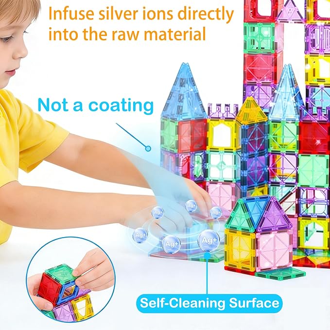 Antibacterial Magnetic Tiles - 106 PCS Magnet Building Tiles with 2 Cars for Kids Aged 3+, Inhibits Bacterial Growth for Safer Play, 3D STEM Educational Construction Blocks Toy