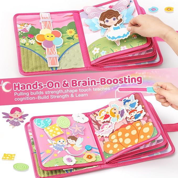 22 in 1 Busy Book for Toddlers 1-3, Sprite Montessori Toys for 1 Year Old with Fishing Game, Soft Sensory Toddler Busy Board, Airplane Travel Toys, Birthday Gifts for 1 2 Year 18 month Old Girl