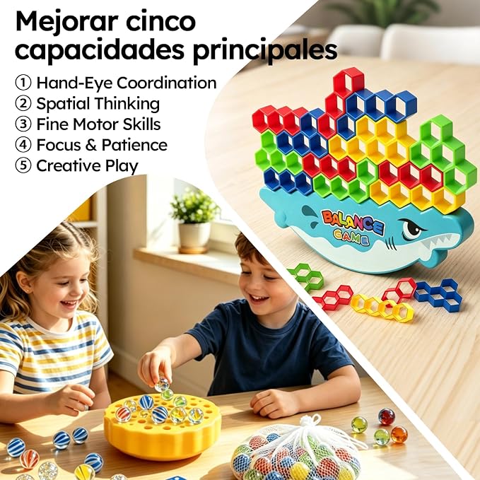 3-in-1 Balance Game, Stacking & Marble Game for Kids | 3 games in 1—stack blocks, solve challenge cards, and balance marbles while building STEM skills through fun family play.