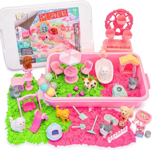Pet Sensory Bin, 79 Pcs Cat and Dog Sandbox with Lid, 2.4LB Sensory Sand Indoor Outdoor Play Sand Kit, Cat Toys for Kids Ages 3 4 5 6 7, Christmas Birthday Gift for Girls and Boys