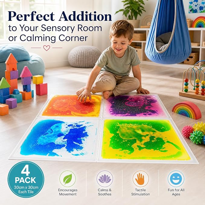 edusense Liquid Sensory Floor Tiles Non-Slip Autism Home&Classroom Play 3+ | Non-Slip Cushioned Motion Tiles for Autism Sensory Play, Home, Motor Skills, Visual Tracking, Ages 3+