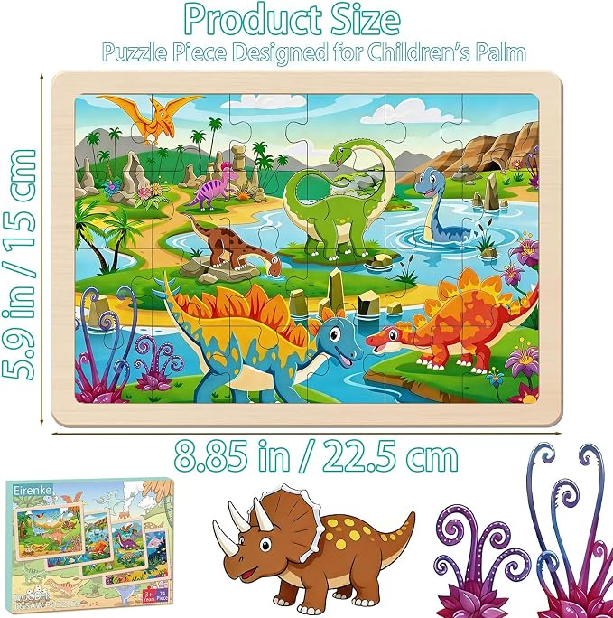 Wooden Puzzles Dinosaur Toys for Kids Ages 4-6, 4 Packs 24 Piece | Wooden Jigsaw Puzzles, Preschool Educational Learning Toys Gifts for 3 4 5 6 Year Old Boys and Girls