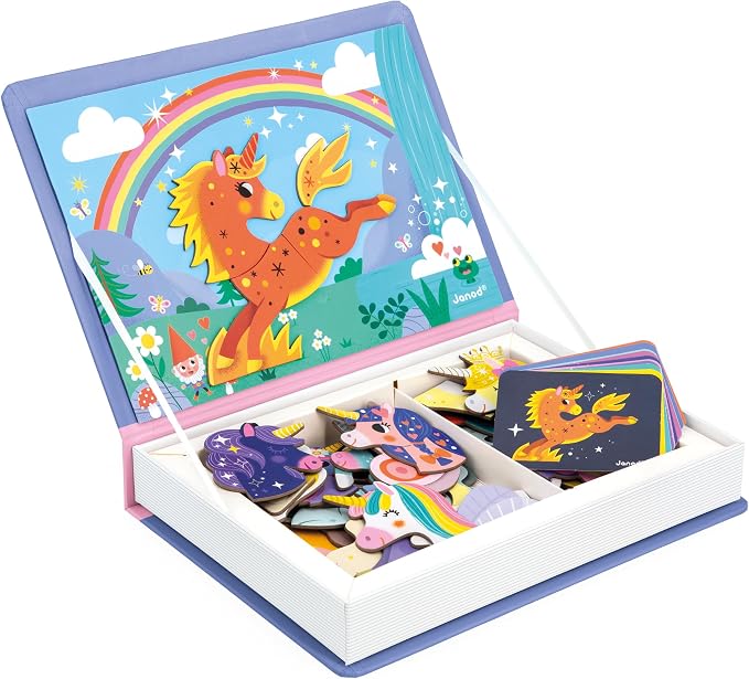 Janod - Magnéti'Book Unicornes - Magnetic Educational Game 44 Magnets + 10 Models - Children's Toy Made of Cardboard - Develops Dexterity and Imagination - Ages 3 and Above | Develops Dexterity and Imagination - Sturdy Cardboard - 10 Models Included - ...