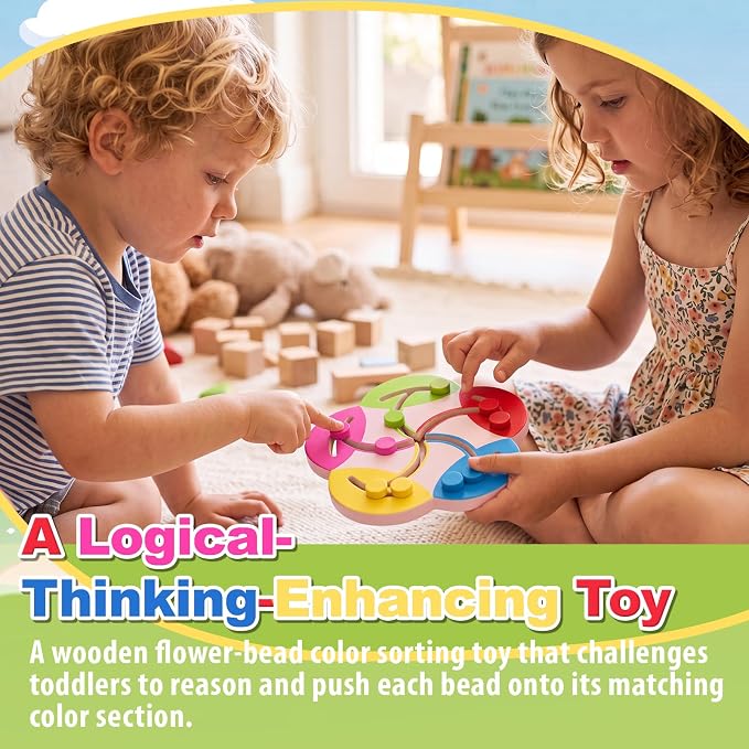 Wooden Montessori Toys for 2 3 4 5 Year Old | Color Sorting Bead Maze Board, Fine Motor Skills Preschool Learning Activities, Travel Game for Toddlers