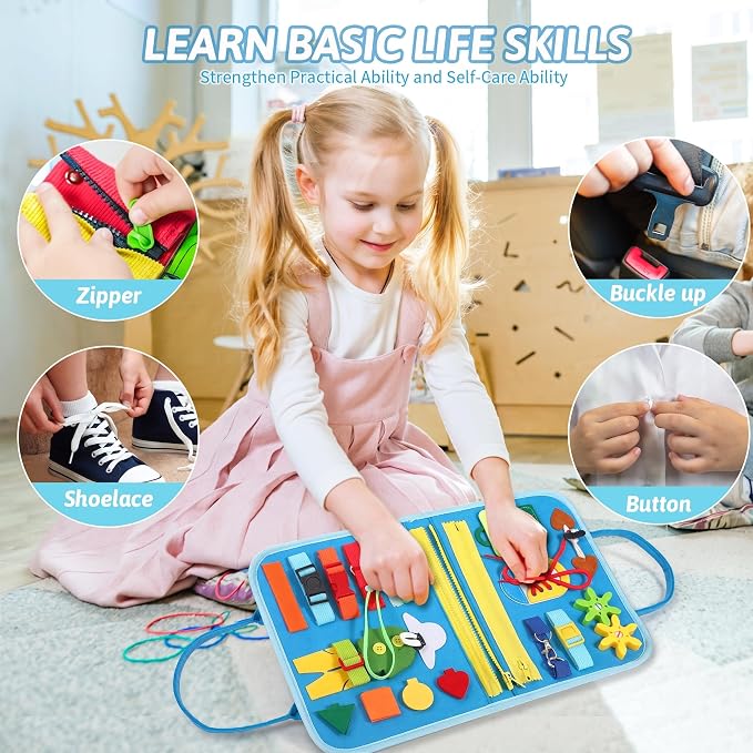 Quiet Flower Busy Board Montessori Toys - Sensory Busy Book for Early Learning, Dinosaur Educational Activity for Fine Motor Skills, Airplane Car Travel Toy Gifts for Boys Girls