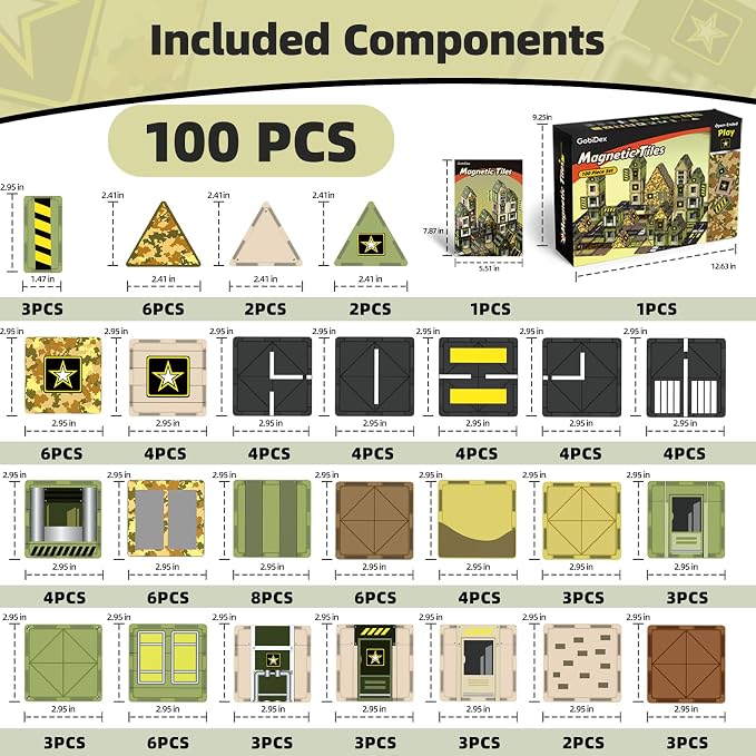 GobiDex 100PCS Army Magnetic Tiles Building Set, STEM Toys for Boys 3+ | Military Magnetic Blocks Building Toys for Kids Ages 4-8, STEM Educational Construction Toys, Birthday Gifts for Boys Girls