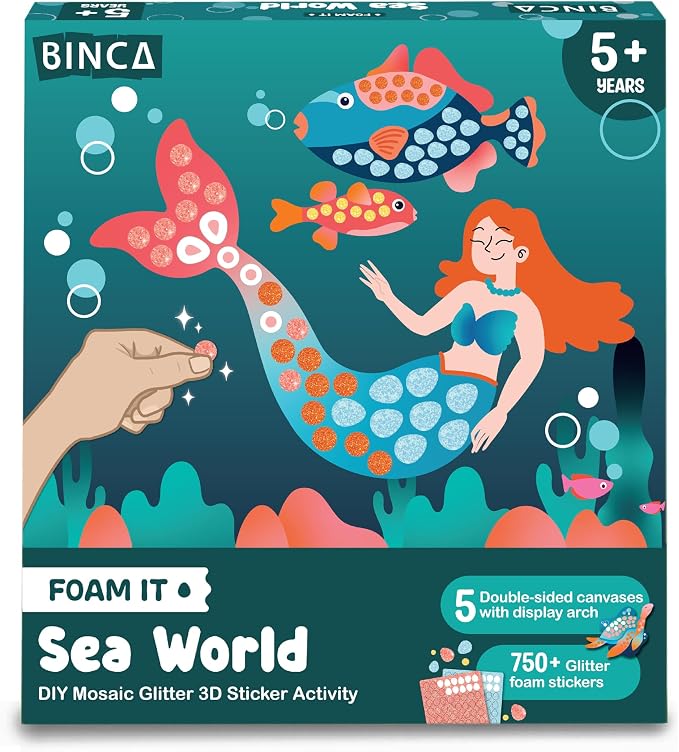 BINCA Foam Sticker Mosaic Art Activity, 750+ 3D Glitter Foam Stickers, 5 Underwater Animals with Display Arch, DIY Mess-Free Activity, Gifts for Boys & Girls Ages 5,6,7,8