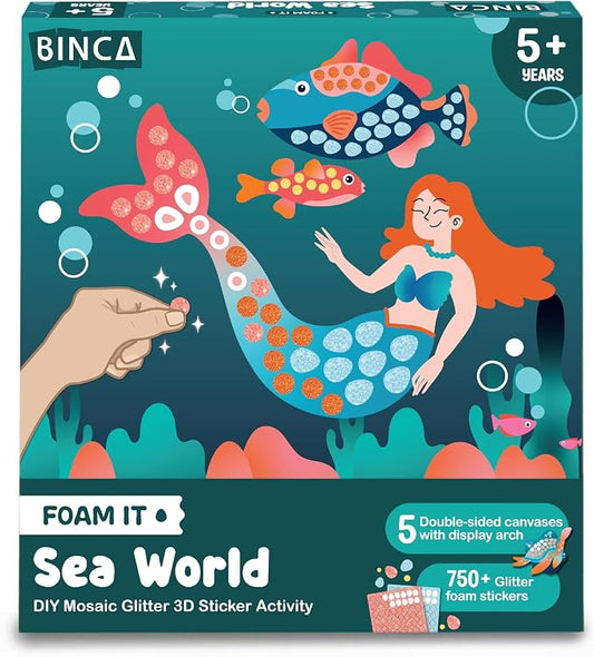 BINCA Foam Sticker Mosaic Art Activity, 750+ 3D Glitter Foam Stickers, 5 Underwater Animals with Display Arch, DIY Mess-Free Activity, Gifts for Boys & Girls Ages 5,6,7,8