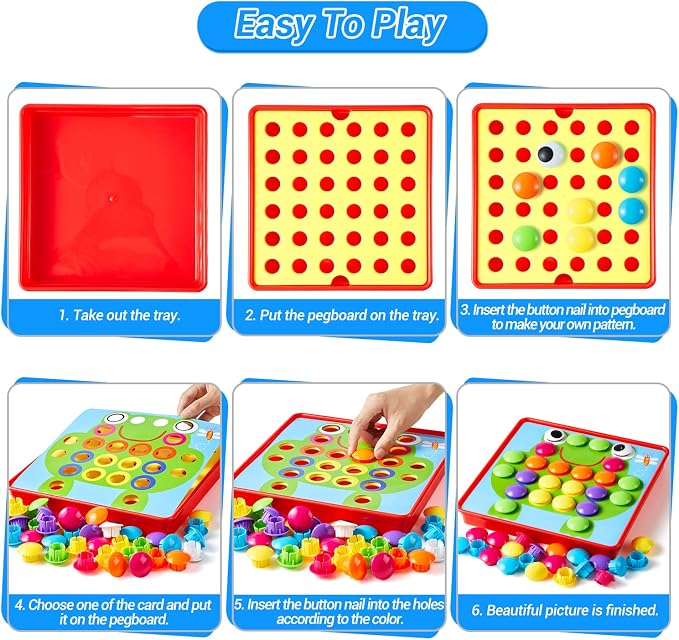Geekper 68PCS Button Art Toys for Toddlers Color Matching Mosaic Pegboard | Early Learning Educational Toys for 3, 4, 5, 6 Year Old Kids Boys and Girls Easter Gifts, 10 Pictures and 58 Buttons