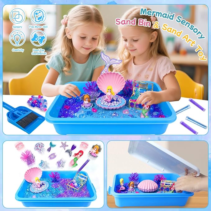 Mermaid Sensory Bin, Sandbox Play Sand Art Kit for Girls Boys 3 4 5 6 7 8 | Sensory Bin with Sandbox & Accessories & Tools & Colorful Sea Shell Gems Toys Set, Indoor Outdoor Pretend Play Beach Toy
