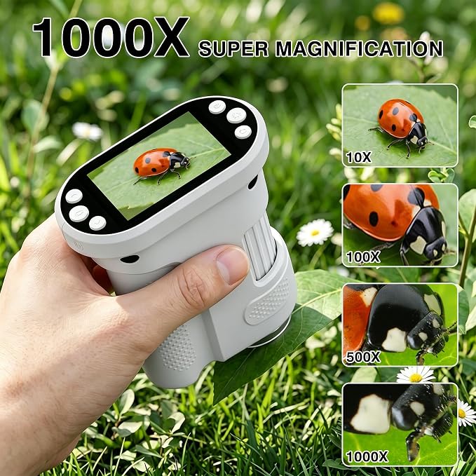 Kids Digital Microscope, 1000X Handheld Pocket Microscope STEM Science Toy | 2.0" IPS Screen, 8 LED Lights, Photo & Video Capture, Rechargeable Design, Educational STEM Gift for Kids Ages 3-12