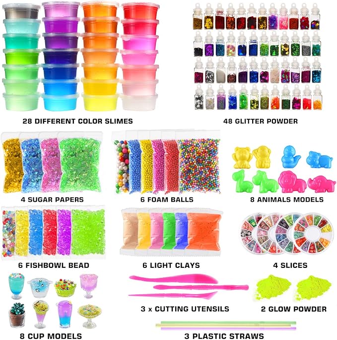 126 Pcs DIY Slime Making Kit for Girls Boys - Birthday Idea for Kids Age 5+. Ultimate Supplies Include 28 Crystal Slime, 2 Glow in The Dark Powder, 48 Bottle Glitter Jar etc. (Pack of 3)