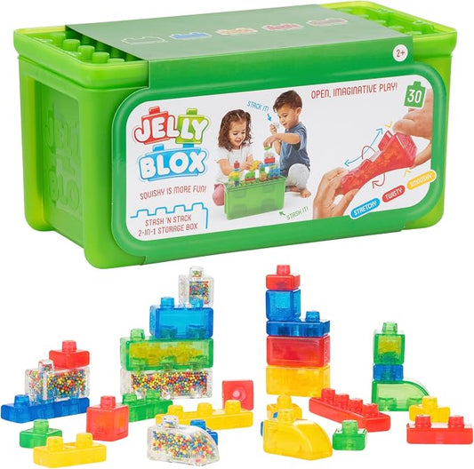 Jelly Blox Stash 'N Stack 2-in-1 Storage Case, 30 Blocks Toddler/Preschool | Building Blocks Kids Can Squeeze & Stretch | MESH ACCREDITED | Safety Tested & Ouch-Free | Sensory Play Toy Ages 2+