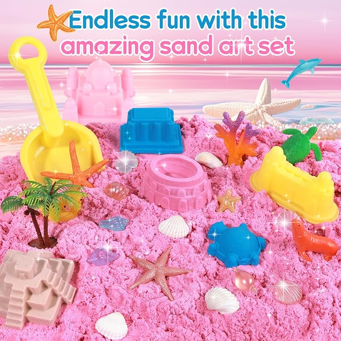 Mikiwon Ocean Sensory Bin, Sandbox Play Sand Art Kit with 3.3lbs Play Sand, Sea Animal Toys Molds, Sensory Play for Girls Boys Age 3 4 5 6 7 8, Beach Toys for Kids Xmas Birthday Gifts