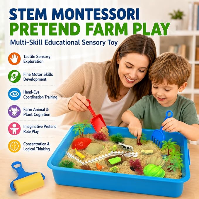 Lunoppy Farm Sensory Sand Kit, Lidded Sand Bin Farm Toys for Kids Ages 3-12 | Indoor Sandbox with 3-Color Magic Sand & Tools, STEM Montessori Farm Sensory Toys, Christmas & Birthday Gifts for Boys Girls
