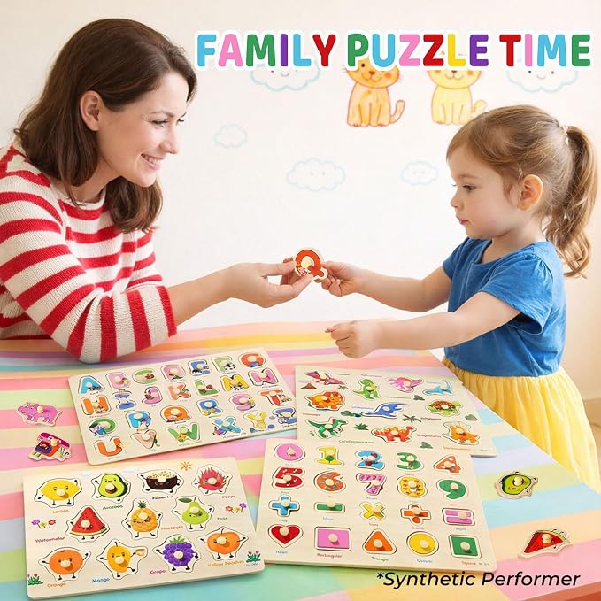 Wooden Peg Puzzles for Toddlers 1-3 – 6 Pack Toddler Puzzles, Preschool Educational Learning Puzzle Toys for Kids, Alphabet, Number, Shapes, Christmas Birthday Gifts for Boys, Girls