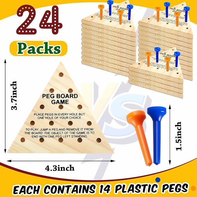 Deekin 24-Pack Wooden Triangle Peg Game Triangle Wooden Board Games Classic Strategy Board Toy Portable Family Travel Puzzle Toy for Adults and Teens