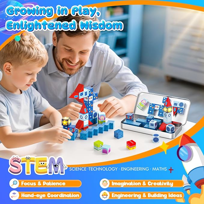 36 PCS STEM Learning Mini Magnetic Blocks Travel Set | With Portable Iron Storage Box&LED Light-Up Magnetic Cubes, Montessori Sensory Toys Gifts for Toddlers, Boys & Girls