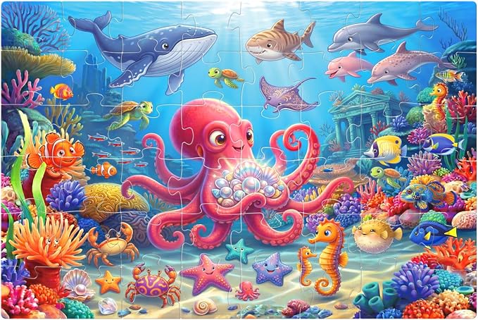 Jumbo Floor Puzzles for Kids Ages 3-5 48 Piece Ocean Educational Toy | Featuring octopus whale shark and dolphin for 3 4 5 6 7 8 year old boy and girl learning and indoor family play time