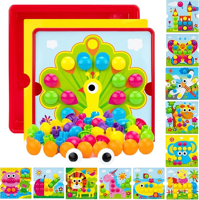 Button Art Pegboard for Toddlers - 12 Pics & 46 Buttons, Gift 3+ | 7.8'' x 7.8'' pegboard with bird theme. Builds fine motor skills, color matching & creativity. Perfect early learning gift
