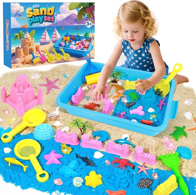 Mikiwon Ocean Sensory Bin, Sandbox Play Sand Art Kit with 3.3lbs Play Sand, Sea Animal Toys Molds, Sensory Play for Girls Boys Age 3 4 5 6 7 8, Beach Toys for Kids Xmas Birthday Gifts