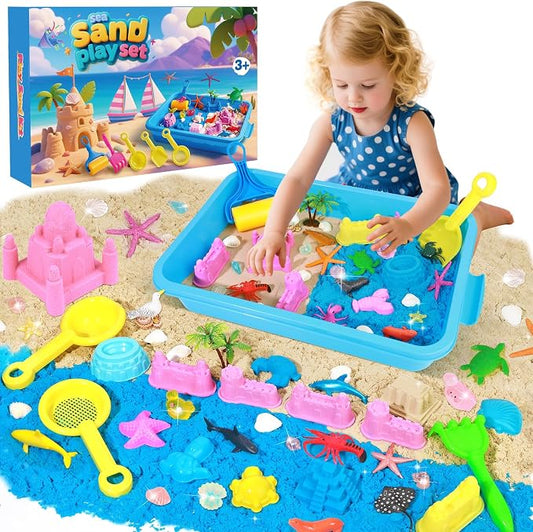 Mikiwon Ocean Sensory Bin, Sandbox Play Sand Art Kit with 3.3lbs Play Sand, Sea Animal Toys Molds, Sensory Play for Girls Boys Age 3 4 5 6 7 8, Beach Toys for Kids Xmas Birthday Gifts