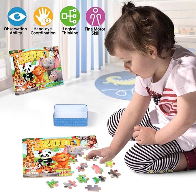 LELEMON Puzzles for Kids Ages 4-6,Zoo 60 Piece Puzzles for Kids Ages 6-8 in a Metal Box,Children Jigsaw Puzzles Kids Puzzles,Educational Learning Puzzle Toys for Girls and Boys