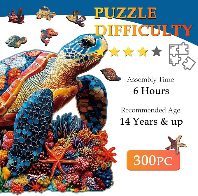 Wooden Puzzles for Adults, Coral Sea Turtle Jigsaw Puzzles for Adults, 300 Piece Unique Animal Shaped Wood Cut Puzzles, Fun Challenging Turtle Puzzles Gift for Family Game Night Home Decor 14.6*15in