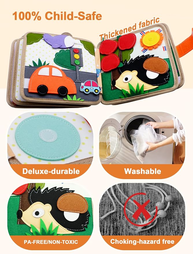 BizyKoady Busy Book for Toddlers 1-3, Montessori Toys for 1 Year Old, Kids Travel Toys, Educational Activity Book, Birthday Gifts for Boys & Girls, Washable Felt Busy Board, Giraffe