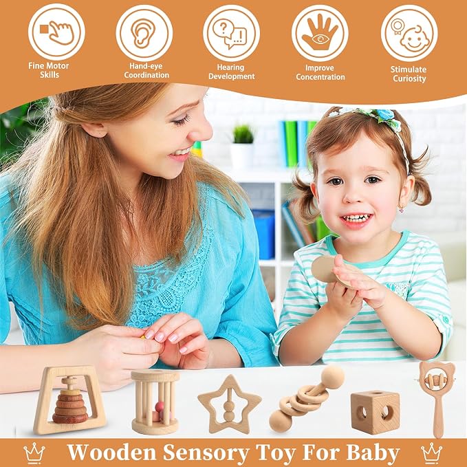 Wooden Rattles for Baby, 7PCS Wooden Montessori Toys for 7-24 Months Baby Boy Girl, Natural Beech Wood Grasping Toy, Gift for Babies