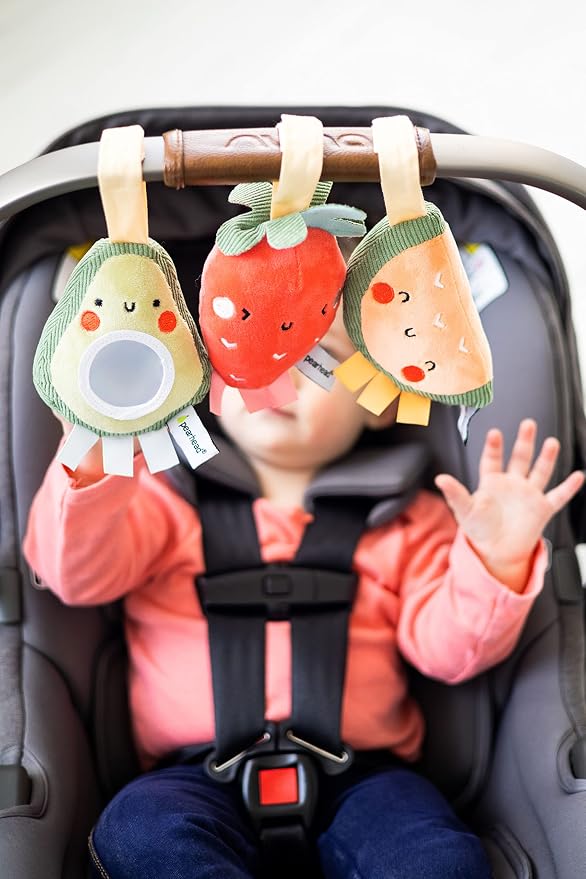 Pearhead Fruit Stroller Toys, Plush Hanging Baby Toy, Set of 3 | Strawberry Avocado Watermelon, Car Seat Attachments, Hanging Mirror, Newborn Gift, Easy-Grip Design, Tummy Time