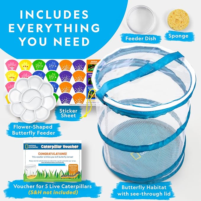 National Geographic Butterfly Growing Kit for Kids Nature Activity | Mesh Habitat, Voucher for 5 Live Caterpillars, Feeder Dish and Sponge, Metamorphosis Science, Outdoor Learning