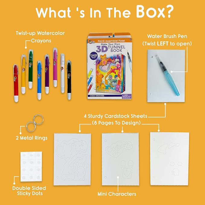EyeConnect Crafts Kawaii Mini 3D Tunnel Book – Hands-on Paper Craft Kit | Build, color & create a pop-in book! Mini animals, watercolor pastels & water brush included. Portable, screen-free fun! 3+