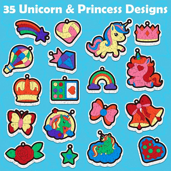 35 Unicorn Princess Puffy Craft Kit for Kids– 3D Water-Activated Paint by Number Art, DIY Keychains, Hands-On Creative Activity, Rainy Day Screen-Free Toy, Birthday Party Gift for Girls Ages 4–8