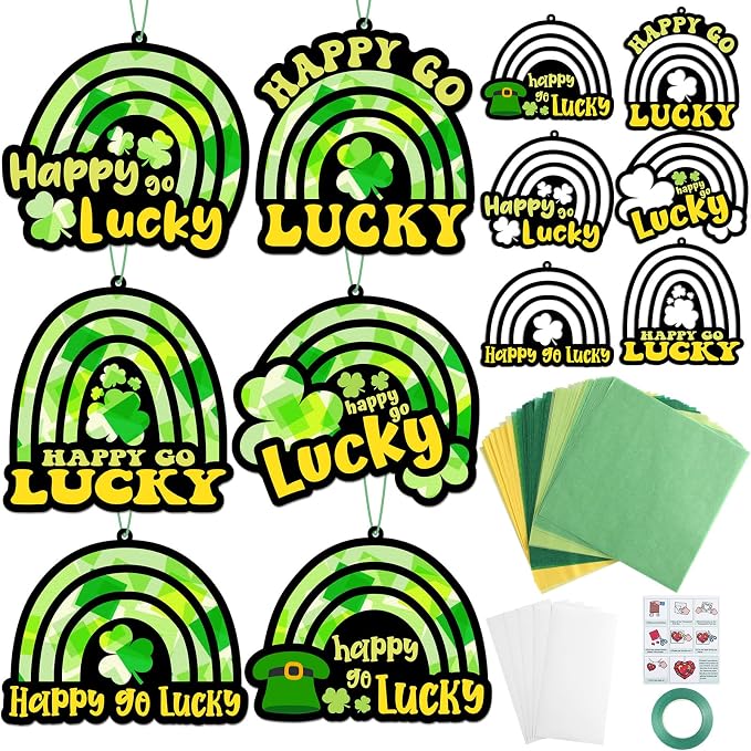 Qyeahkj 36 Set St. Patrick's Day Rainbow Suncatchers Crafts for DIY Lucky Rainbow Shamrock Window Tissue Paper Craft Kit Hanging Decor for Home Activity Art Project Birthday Party Favor