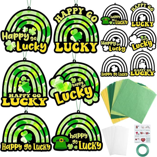 Qyeahkj 36 Set St. Patrick's Day Rainbow Suncatchers Crafts for DIY Lucky Rainbow Shamrock Window Tissue Paper Craft Kit Hanging Decor for Home Activity Art Project Birthday Party Favor