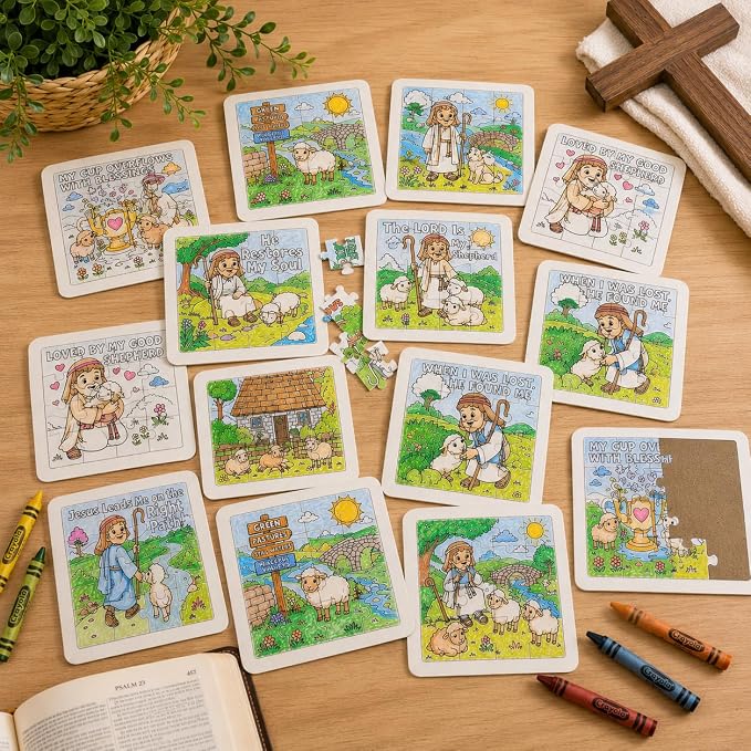 Cinrobiye 24 Pcs VBS 2026 Emerald Isle Coloring Puzzle Kit, Good Shepherd Christian Puzzle Crafts Inspired by Psalm 23 for Vacation Bible School, Sunday School, Church Activities and Group Events