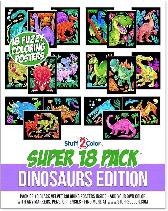 Super Pack of 18 Fuzzy Velvet Coloring Posters (Dinosaurs Edition) - Arts & Crafts for Boys and Girls - Great for After School, Travel, Quiet Time, Group Activities, Family and Coloring with Friends