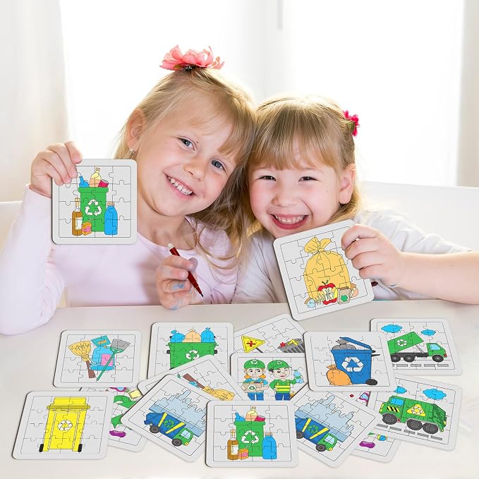 Cinrobiye 24PCS Garbage Truck Coloring Jigsaw Craft Kit for Kids, DIY Recycling Vehicle Activity Set Bulk with 12 Designs, Trash Day Birthday Party Favors, Classroom Learning Projects