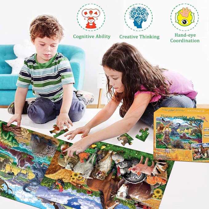 RANSUNN Puzzles for Kids Ages 4-6 - Farm & Wild Animal | 2 Packs 60 Piece Puzzles for Kids Ages 3-5 6-8,Toddler Children Learning Educational Jigsaw Puzzles Toys for Boys and Girls
