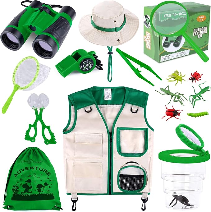 Kids Explorer Kit – Bug Catcher with Binoculars & Safari Costume Vest | 16pcs with 6 Realistic Insects, Bug Container, Safari Hat. Perfect Costume to Be a Zookeeper, Paleontologist, Ideal for 3-12