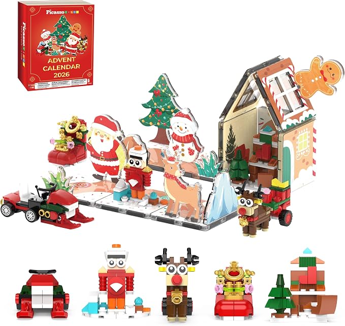 PicassoTiles Magnetic Tiles Building Brick Block Advent Calendar Christmas Theme Set Gingerbread House Holiday Toy Piece Surprise Countdown Magnet Tile STEM Learning Educational Gift for Kids PTA50
