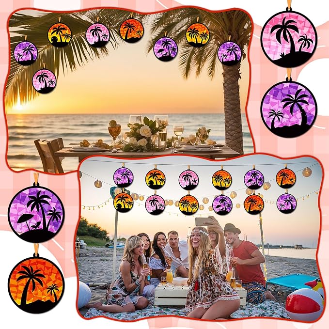Qyeahkj 36 Sets Tropical Palm Tree Suncatchers Crafts for DIY Summer Tissue Paper Craft Kit Hawaiian Luau Palm Tree Stained Glass Window Ornaments Decoration for Home Art Project Party Favor Gift