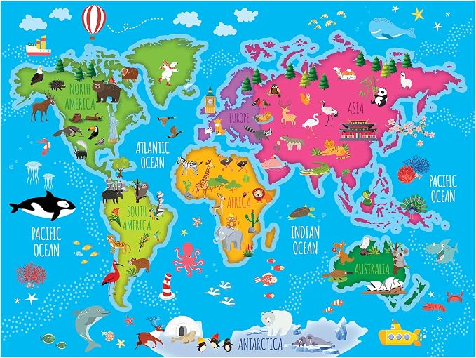 RoseArt Map of The World Puzzle for Kids - 100 Piece Jigsaw Puzzle, 18" x 24" - Educational, Colorful World Map with Animals, Oceans - Made in USA - Learning Toy for Ages 6+