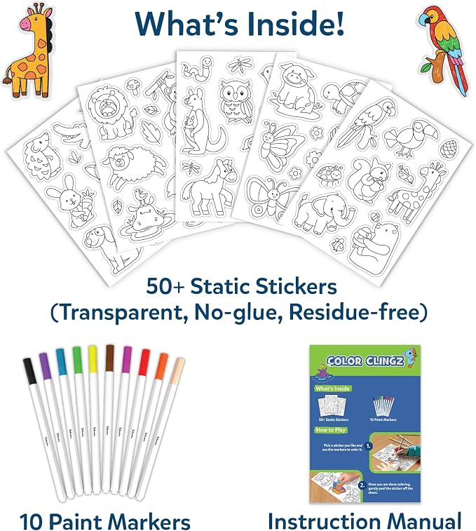 Skillmatics Color Clingz – Animals, Reusable Static Stickers, Travel Toys | 50+ DIY Stickers, 10 Paint Markers, Mess-Free, Window Art & Craft Kit, Gifts for Toddlers, Boys & Girls Ages 3, 4, 5, 6, 7
